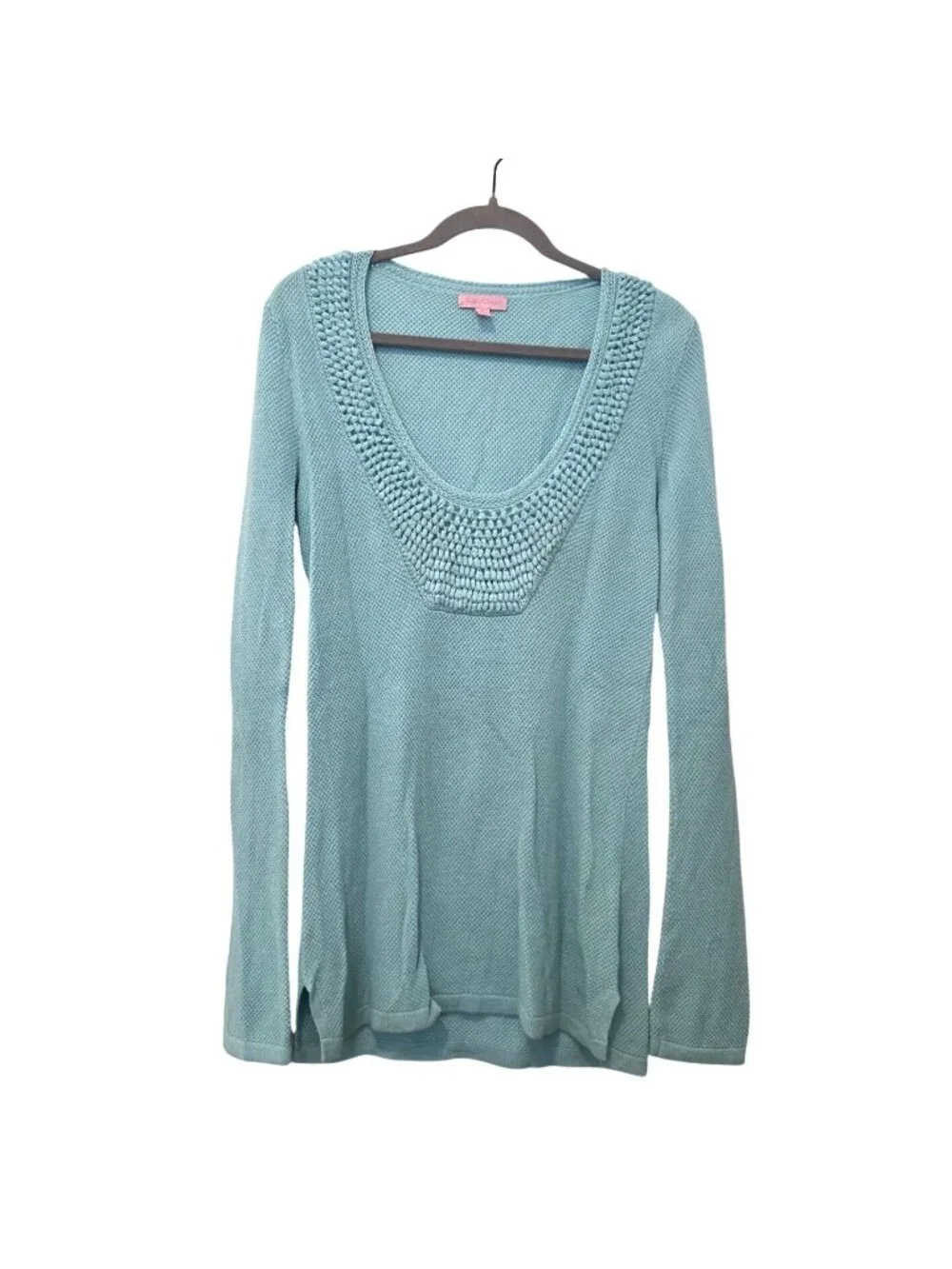 Lilly Pulitzer Aqua Blue Crochet V-Neck Tunic Wool Sweater Womens Medium - Picture 1 of 3